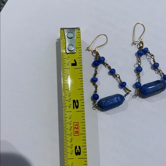 Vintage Victorian style blue glass bead and brass wire Dangle pierced Earrings - Picture 2 of 4